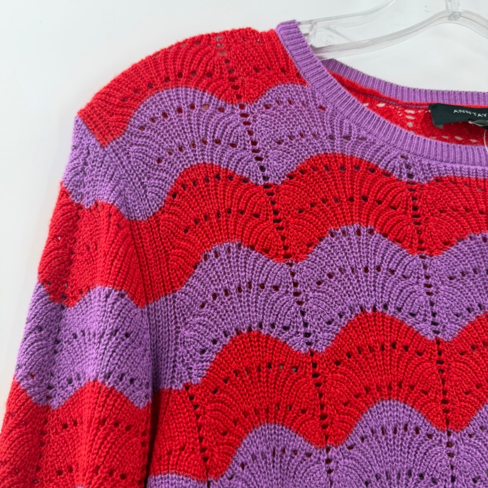 Ann Taylor Red Purple Wavy Chevron Pointelle Knit Sweater Womens Medium NWT - Picture 10 of 13